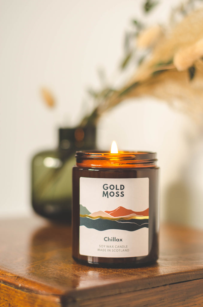 Chillax soy wax candle, hand poured in Scotland. Landscape inspired label design.