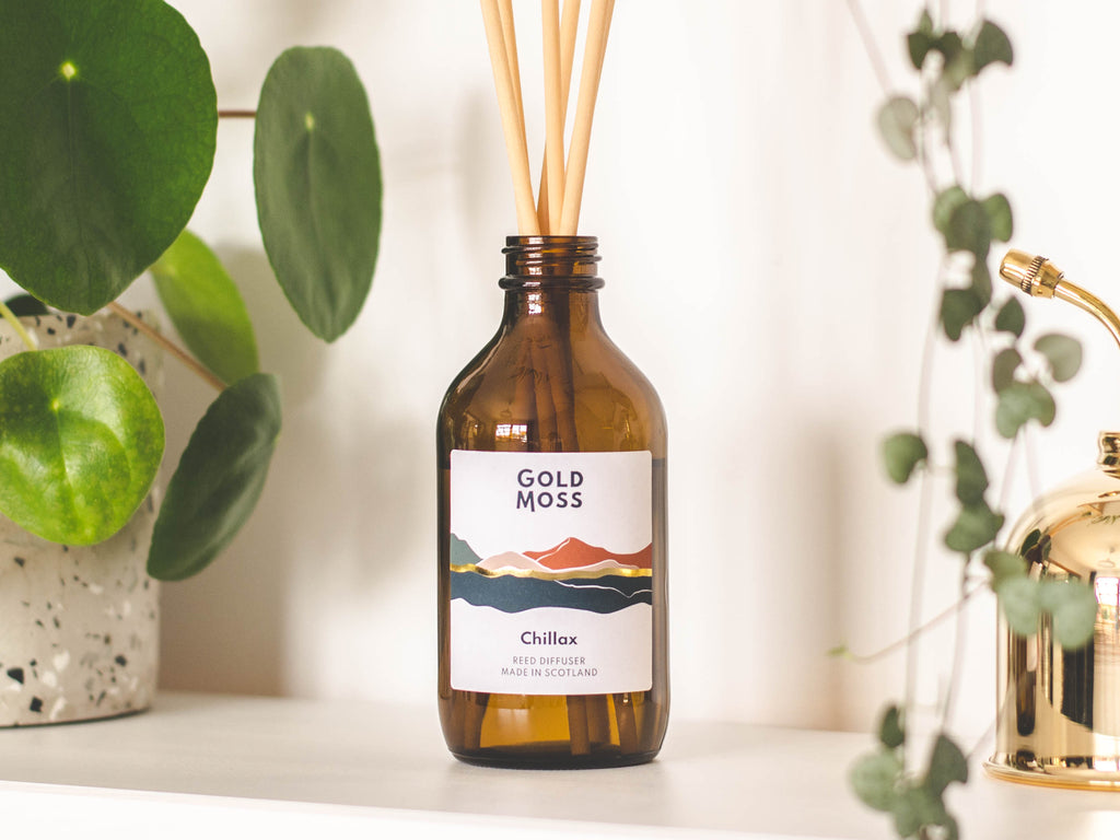 Chillax reed diffuser by Gold Moss. Essential oils. Hand poured in the Scottish Highlands. Design inspired by nature.