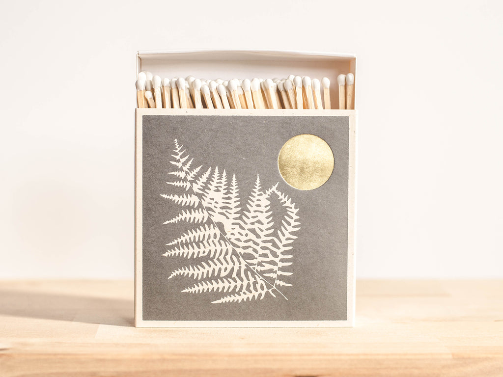 Luxury safety matches. Fern and moon letterpress design. The perfect match for a Gold Moss candle.