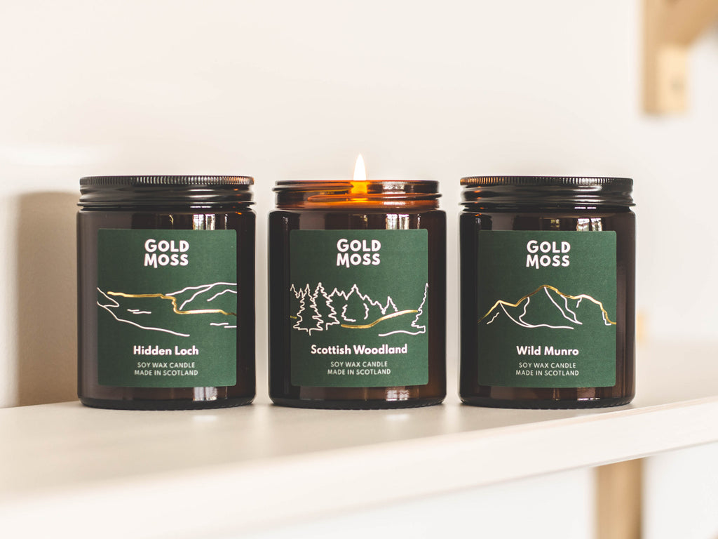 The Scottish Collection, soy wax pine scented candles by Gold Moss. Hand poured in Inverness. Design inspired by the beautiful Scottish outdoors.