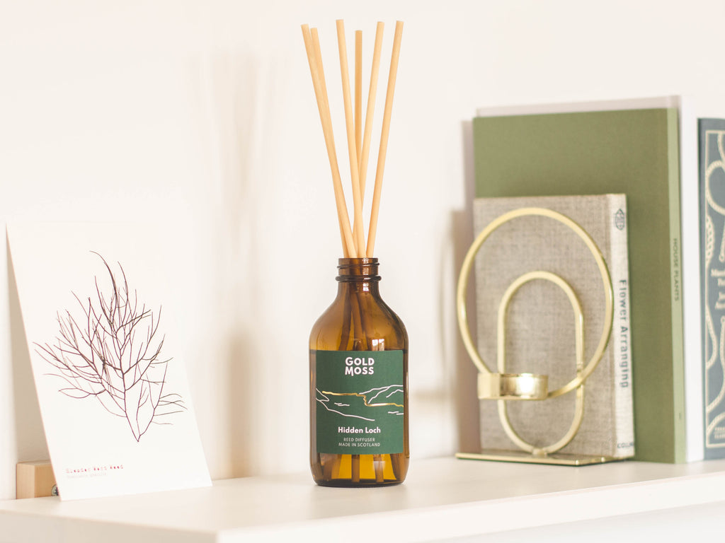 Hidden Loch reed diffuser by Gold Moss. Hand poured in the Scottish Highlands. Inspired by Scotland.