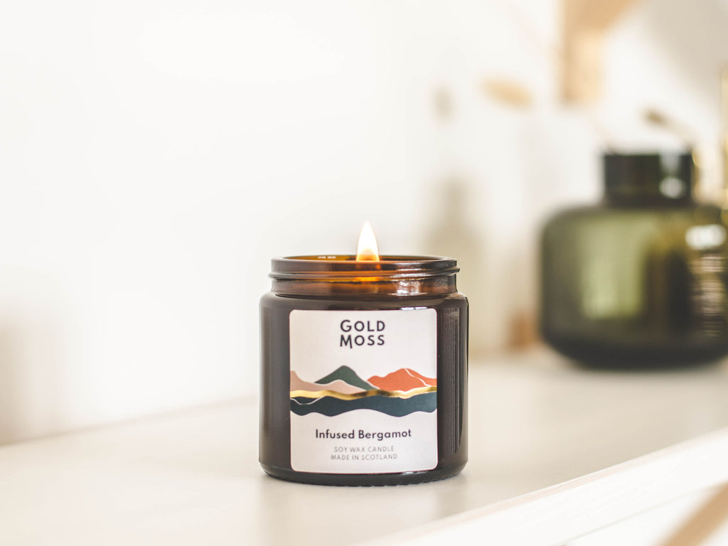 Small Infused Bergamot soy wax candle by Gold Moss. Hand poured in the Scottish Highlands. Design inspired by nature.