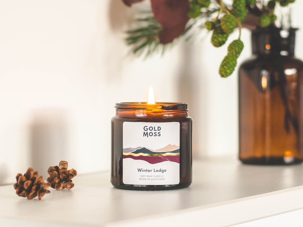 Small Winter Lodge soy wax candle by Gold Moss. Winter scent. Hand poured in the Scottish Highlands. Design inspired by nature.