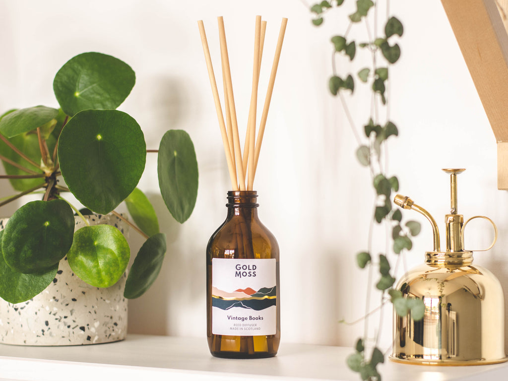 Vintage Books reed diffuser by Gold Moss. Hand poured in the Scottish Highlands. For book-lovers.