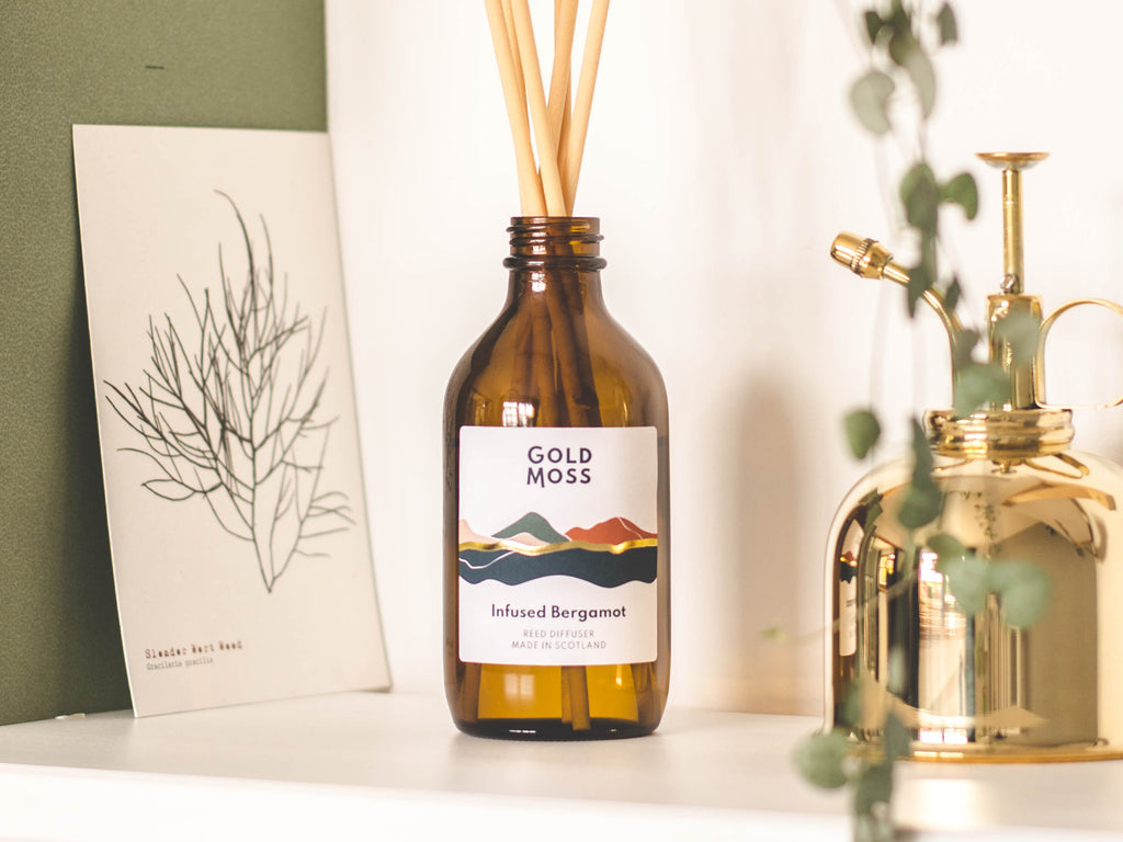 Infused Bergamot scented reed diffuser, hand poured in Scotland. Landscape inspired label design.