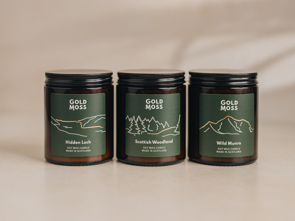 The Scottish Collection, soy wax candles by Gold Moss. Hand poured in Scotland. Design inspired by the beautiful Scottish outdoors.