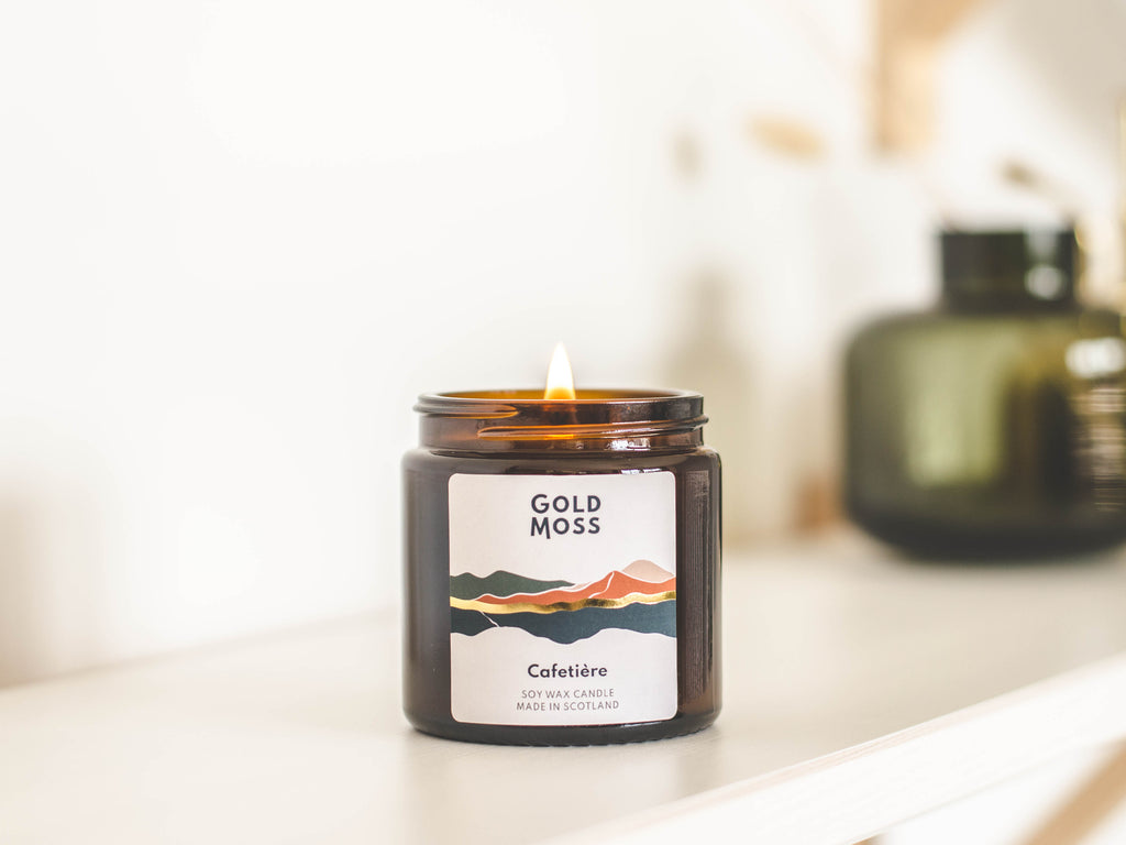 Cafetiere soy wax candle by Gold Moss. Hand poured in the Scottish Highlands. Design inspired by nature.