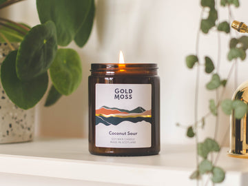 Coconut Sour soy wax candle by Gold Moss. Coconut and lime scented. Hand poured in the Scottish Highlands. Design inspired by nature.