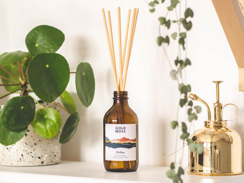 Chillax reed diffuser by Gold Moss. Essential oils. Hand poured in the Scottish Highlands. Design inspired by the outdoors..