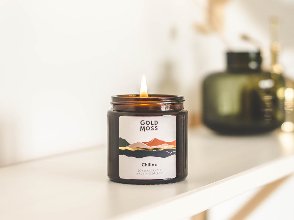 Small Chillax soy wax candle by Gold Moss. Hand poured with essential oils in the Scottish Highlands. Design inspired by nature.