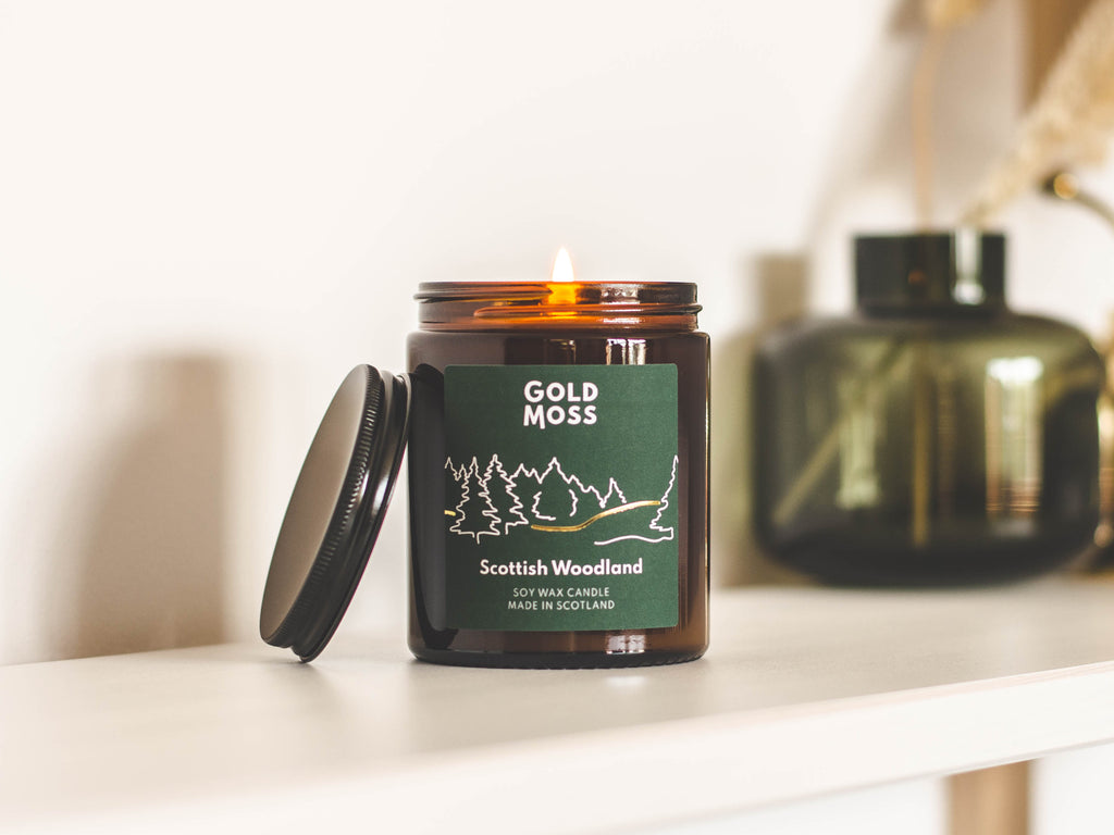 Scottish Woodland pine scented candle by Gold Moss, from the Scottish Collection. Hand poured in Inverness, Scotland. Design inspired by the outdoors.