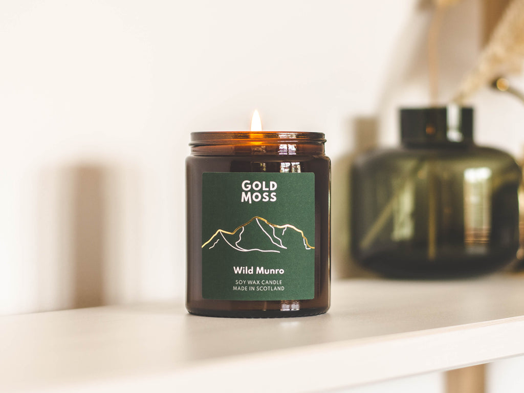 Wild Munro soy wax candle by Gold Moss, from the Scottish Collection. Hand poured in Inverness, Scotland. Design inspired by the outdoors.
