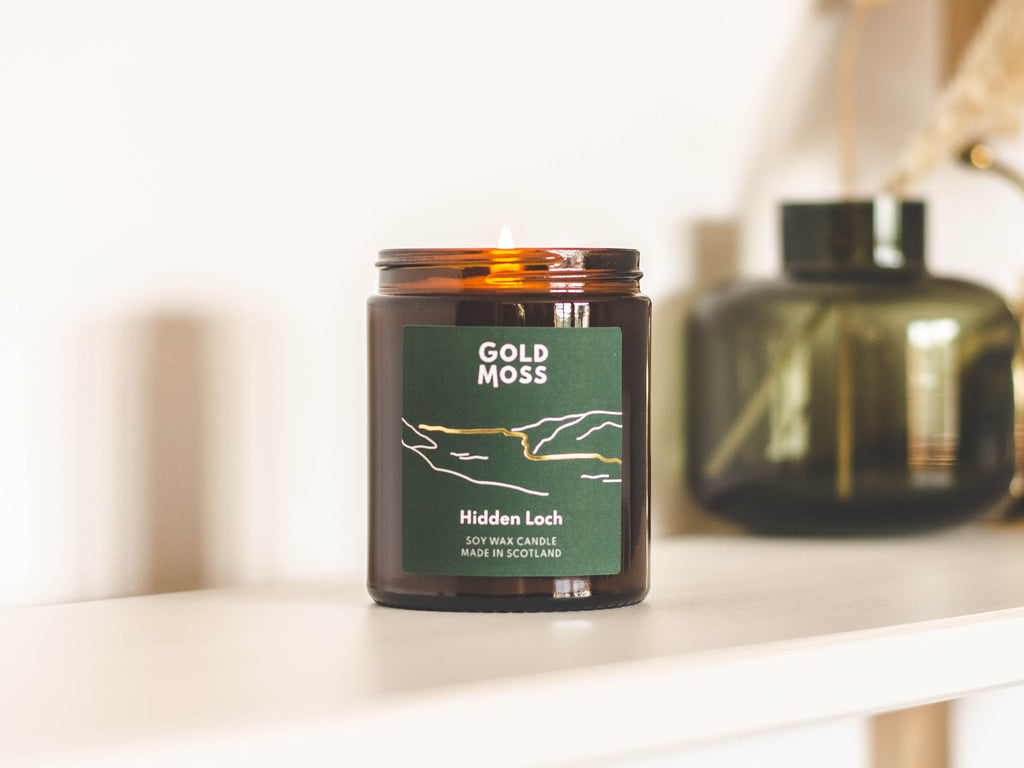 Hidden Loch soy wax candle by Gold Moss, from the Scottish Collection. Hand poured in Inverness, Scotland. Design inspired by the outdoors.