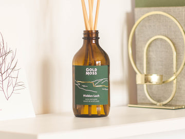 Hidden Loch reed diffuser by Gold Moss. Hand poured in the Scottish Highlands. Inspired by Scotland.