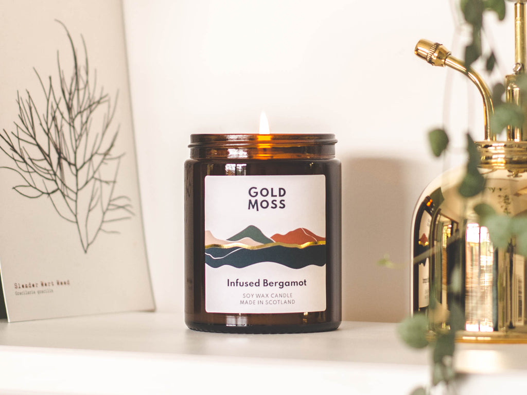 Infused Bergamot soy wax candle by Gold Moss. Hand poured in the Scottish Highlands. Design inspired by nature.