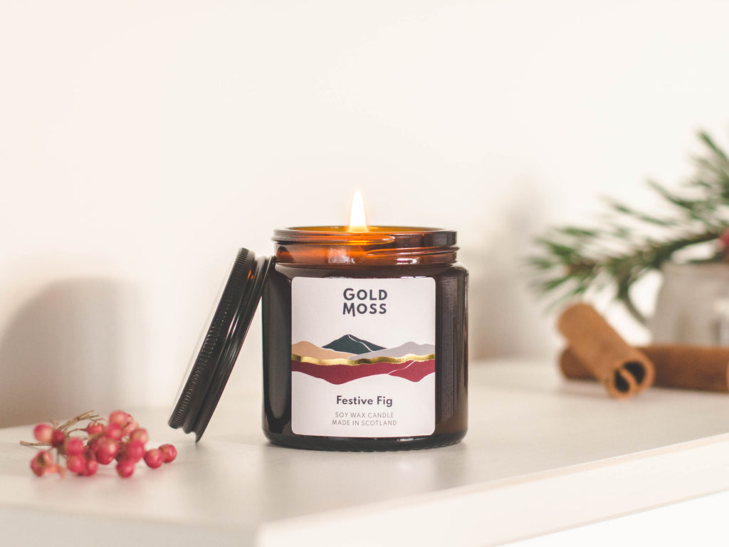 Festive Fig soy wax candle by Gold Moss. Christmas Candle. Hand poured in the Scottish Highlands. Design inspired by nature.