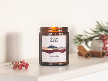 Festive Fig soy wax candle by Gold Moss. Christmas Candle. Hand poured in the Scottish Highlands. Design inspired by nature.
