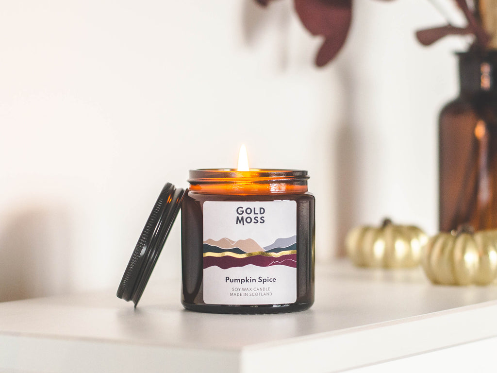 Small Pumpkin Spice soy wax candle by Gold Moss. Autumnal scent. Hand poured in the Scottish Highlands. Design inspired by nature.