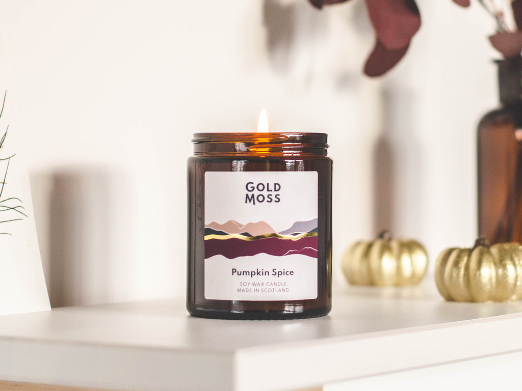 Pumpkin Spice soy wax candle by Gold Moss. Autumnal scent. Hand poured in the Scottish Highlands. Design inspired by nature.