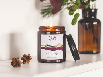 Winter Lodge soy wax candle by Gold Moss. Winter scent. Hand poured in the Scottish Highlands. Design inspired by nature.