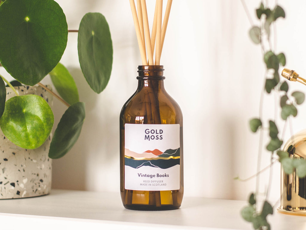 Vintage Books reed diffuser by Gold Moss. Hand poured in the Scottish Highlands. For book-lovers.