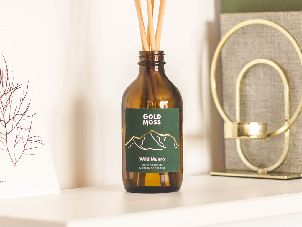 Wild Munro reed diffuser by Gold Moss, from the Scottish Collection. Hand poured in Inverness, Scotland. For adventure-lovers & munro-baggers.